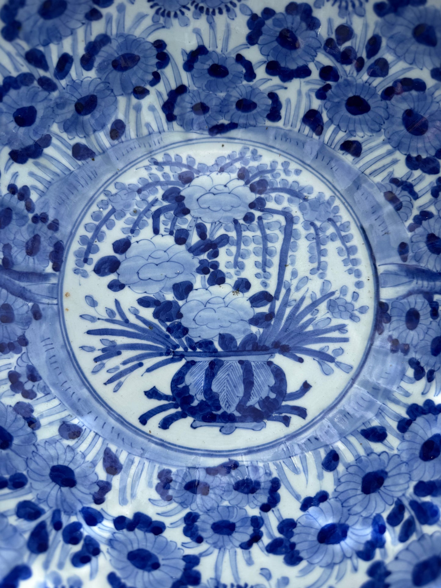 Antique Japanese Blue & White Floral Scalloped Edge Bowl