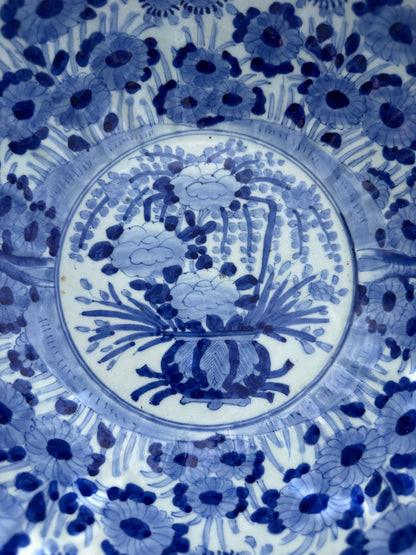 Antique Japanese Blue & White Floral Scalloped Edge Bowl