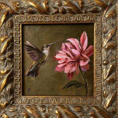Live 08/11 Hummingbird and pink peony original oil painting framed in wooden gold frame 9.5x9.5”