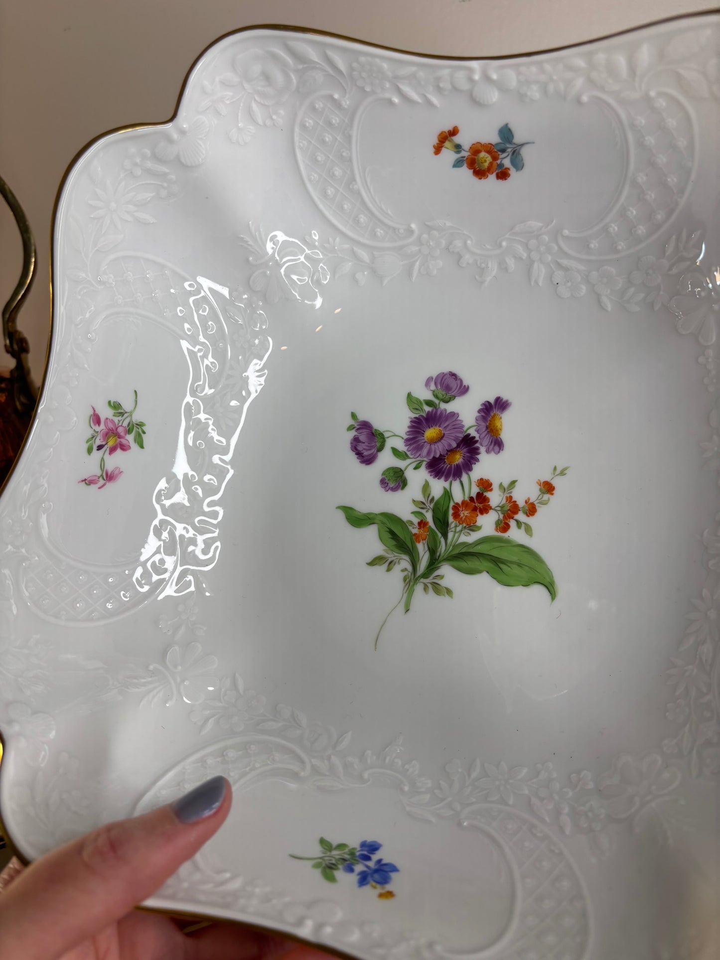 Lovely Meissen floral bowl with gold rim and embossed designs!