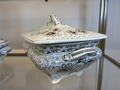Stunning antique Ridgways brown transferware lidded tureen featuring birds! As is!