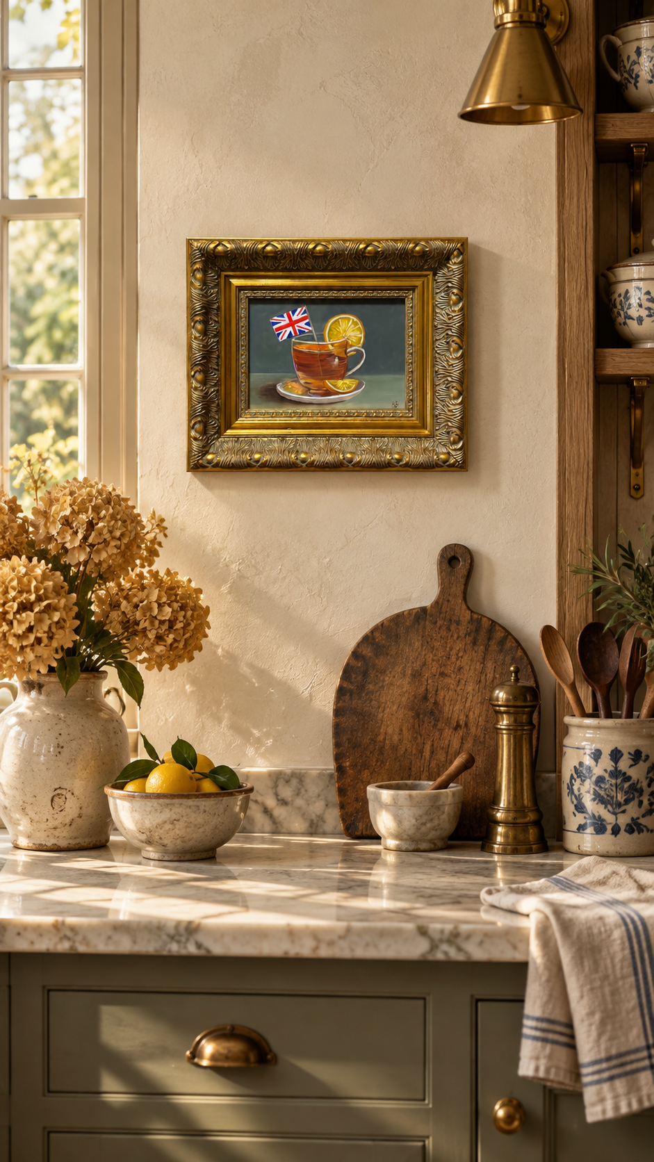 English Tea with Lemon Original Oil Painting in Ornate Gold Frame 9x11