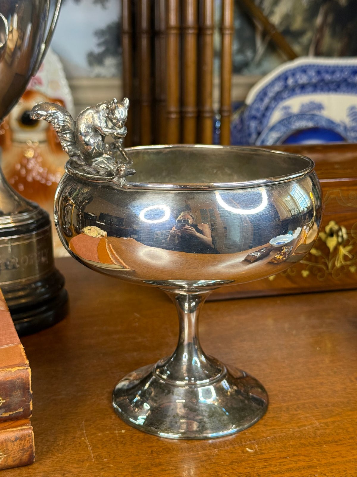Antique Sheffield Plate Figural Squirrel Pedestal Nut Bowl, c. 1900 – 8”H