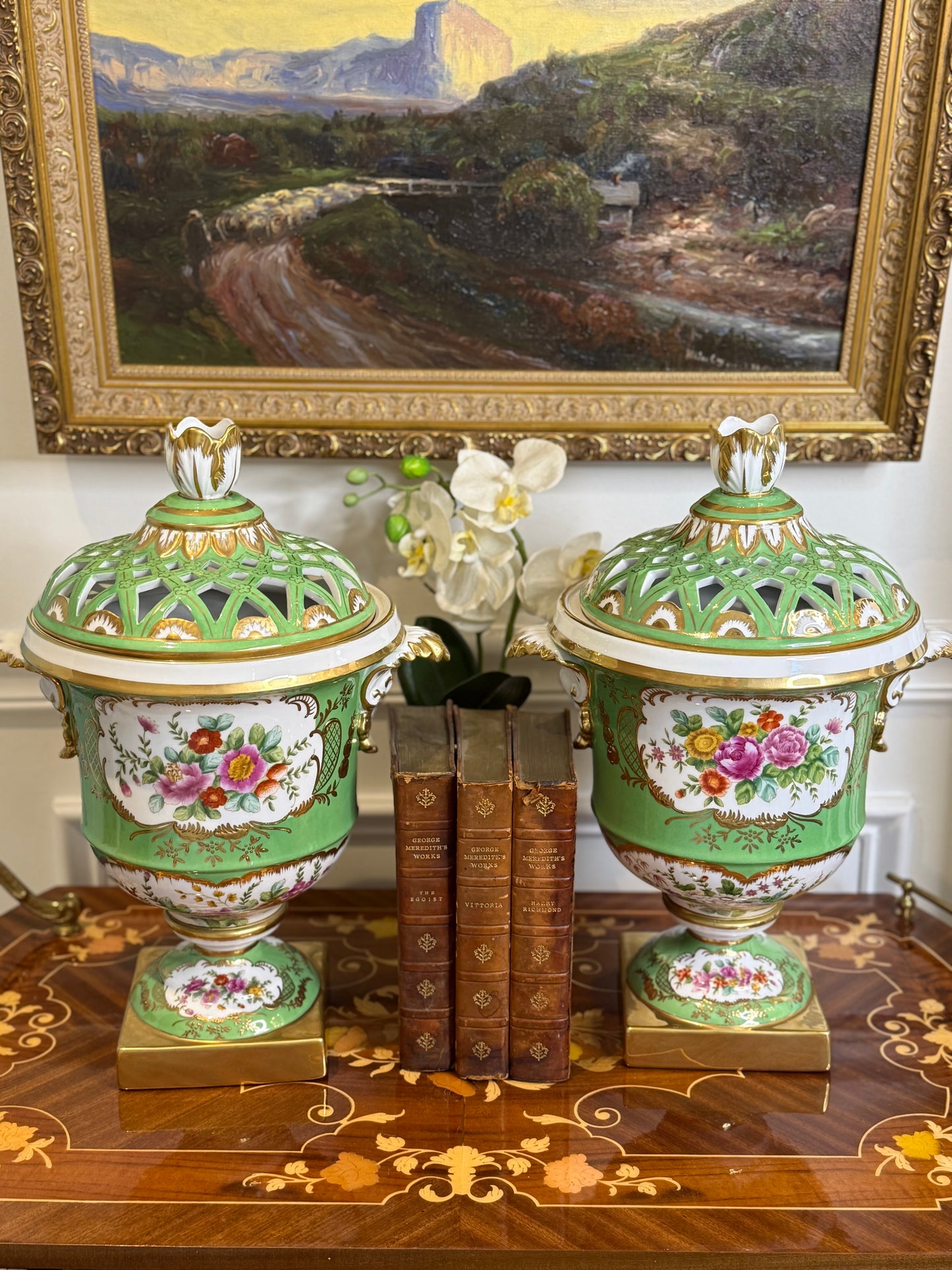 STUNNING - 16” Tall, Chelsea House Green Lattice Porcelain Urn Pair with Domed Covers & Finials
