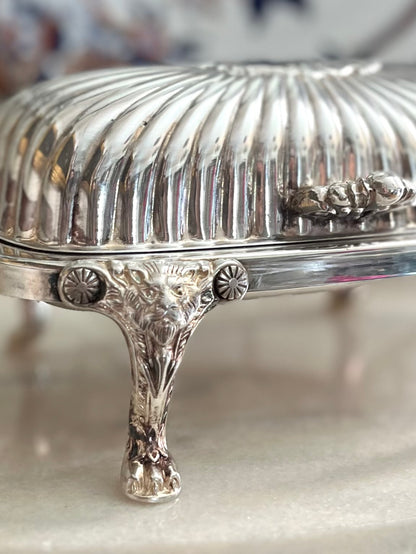 Live 09/20 Gorgous F.B. Rogers RococoSilverplate Roll-Top Butter Server with Lion’s Head Feet & Original Glass Insert