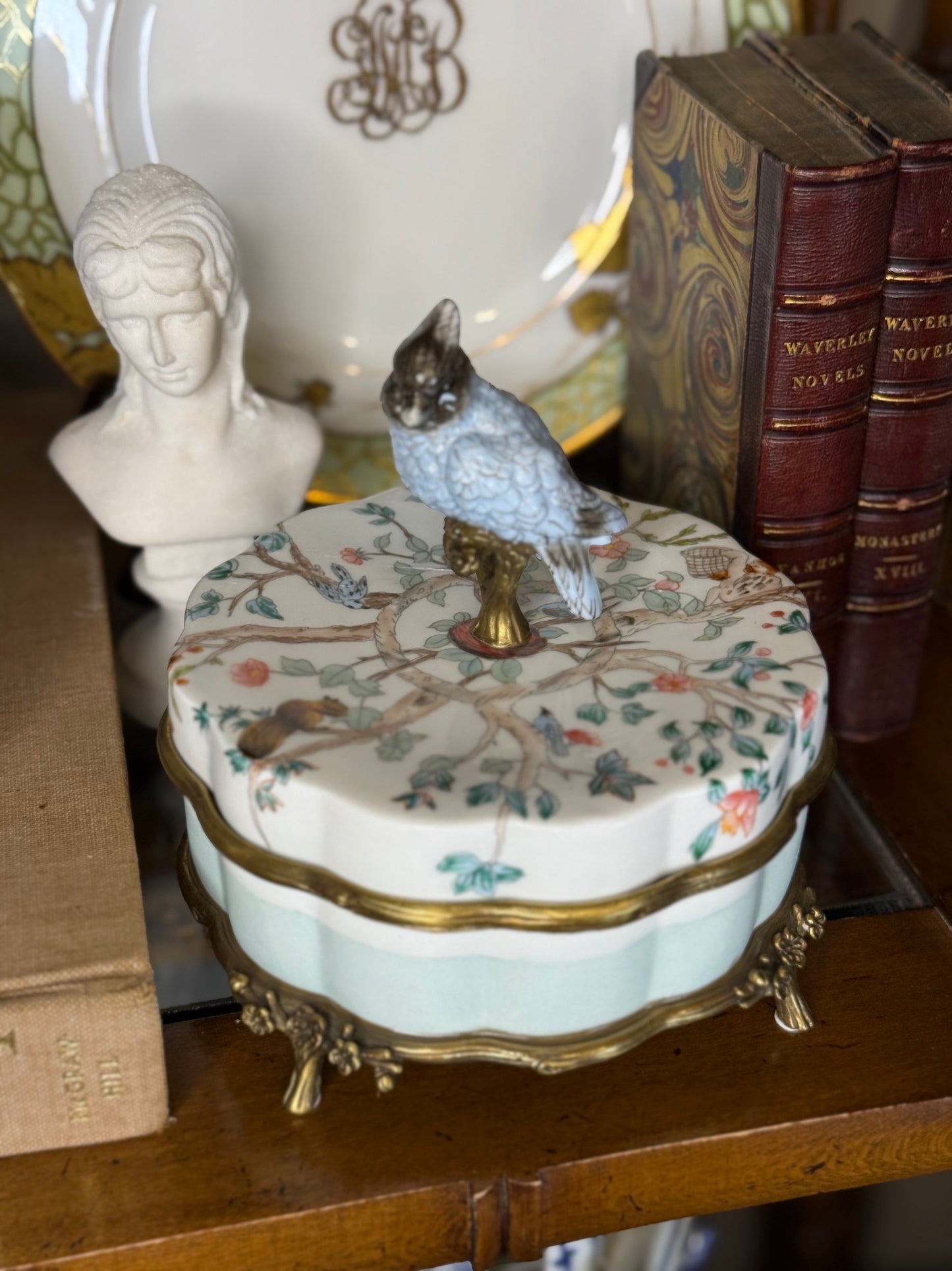 Danny’s Fine Porcelain | “Garden of Life” Porcelain Box with Bronze Ormolu & Bird Finial – 6”