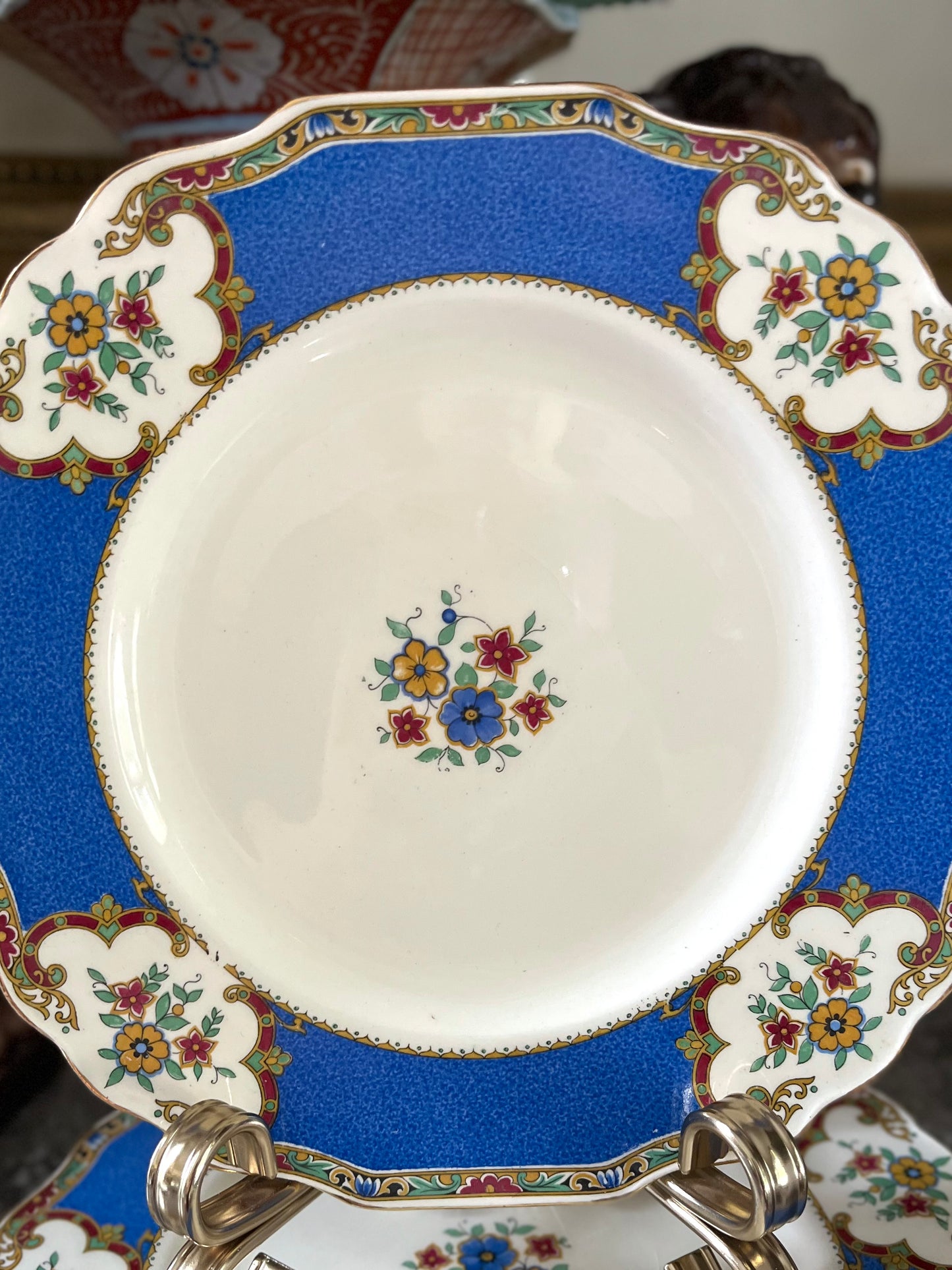 Set of 8 Myott Staffordshire England Dessert Plates | Cobalt Blue & Floral English China