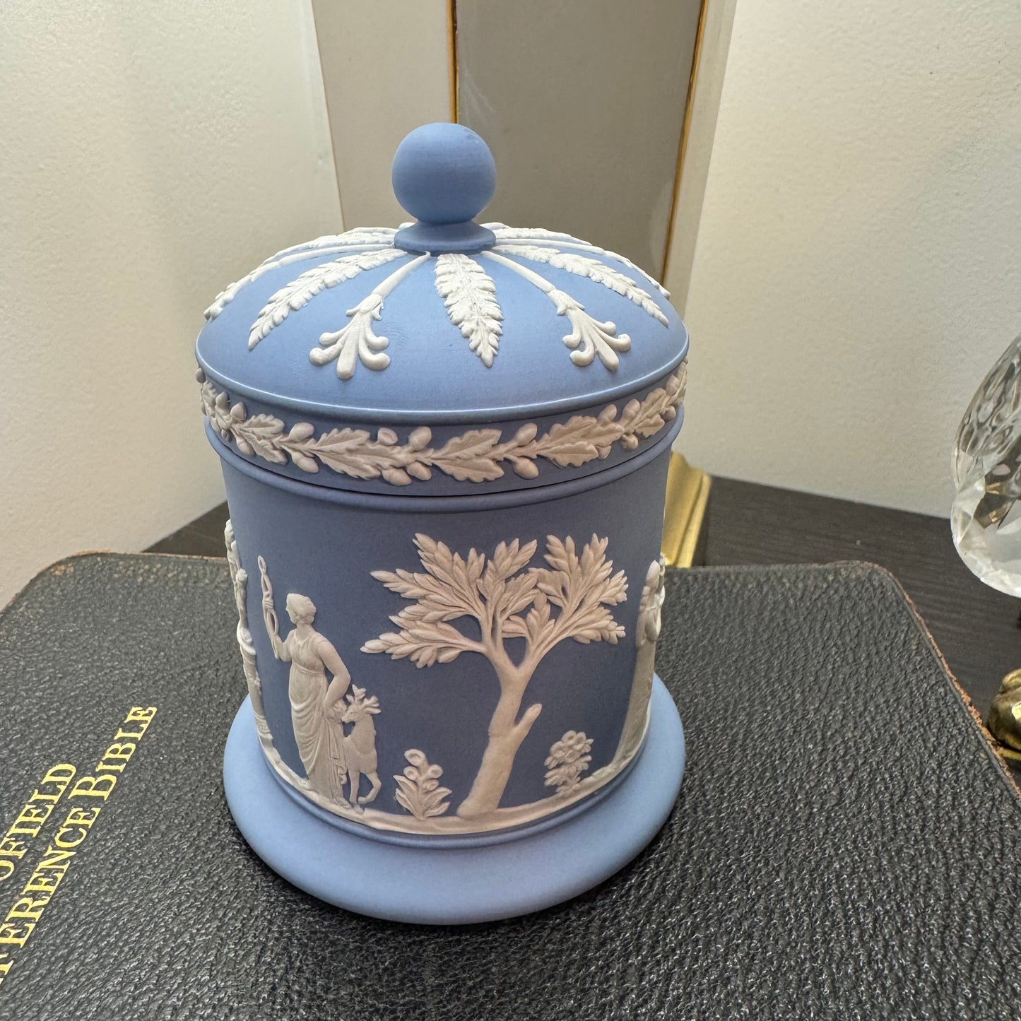 Reserved Mary Wedgwood light blue chipped lidded dish