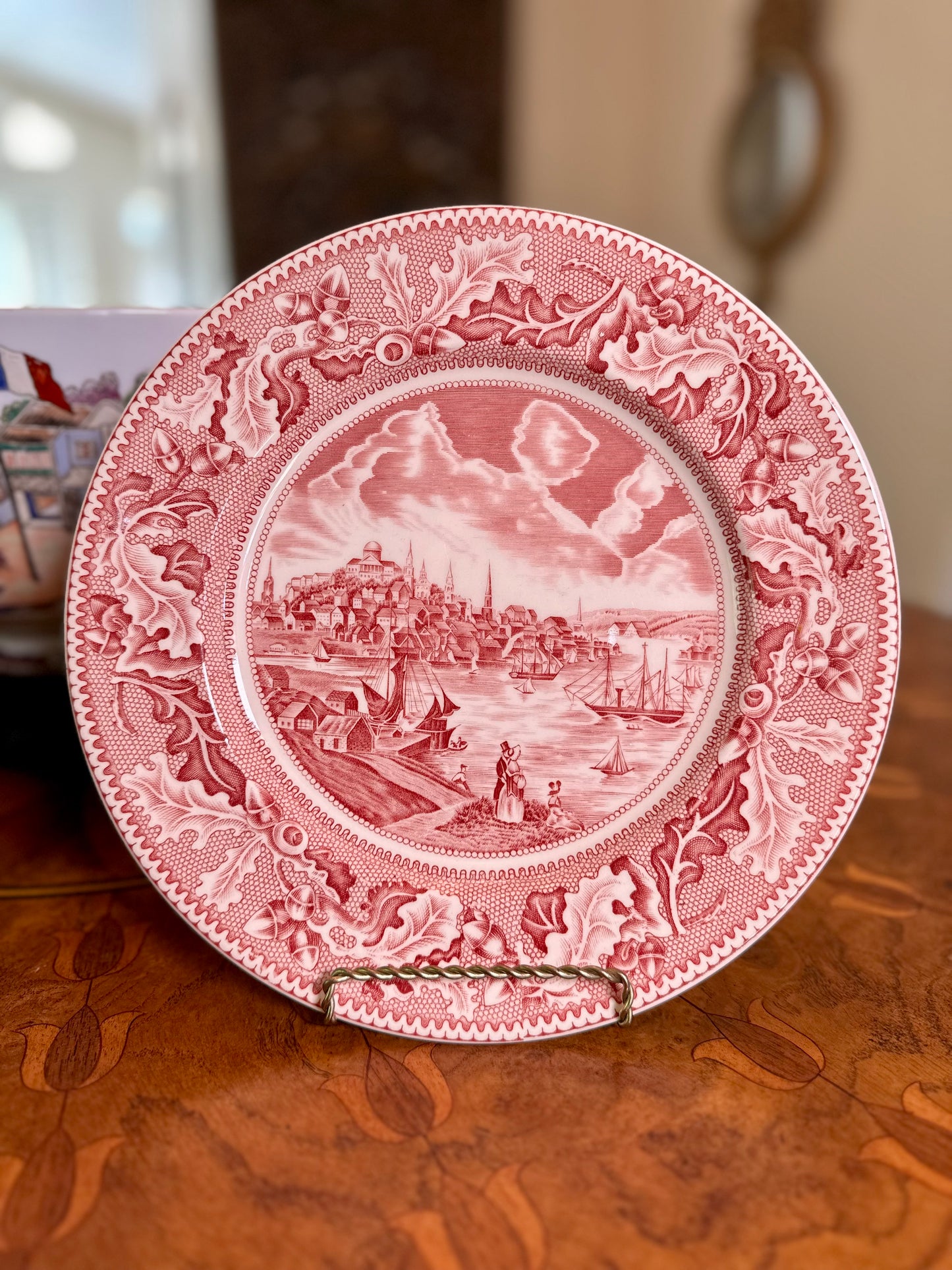 Vintage Johnson Bros. Historic America “View of Boston” Red Transferware Dinner Plate | 10”