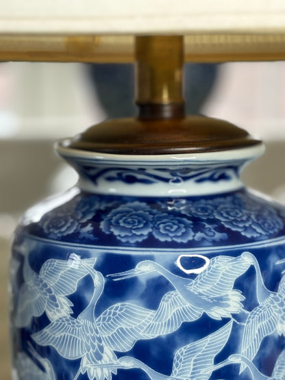 Reserved for Maria Pair of Frederick Cooper Blue & White Lamps featuring flying cranes