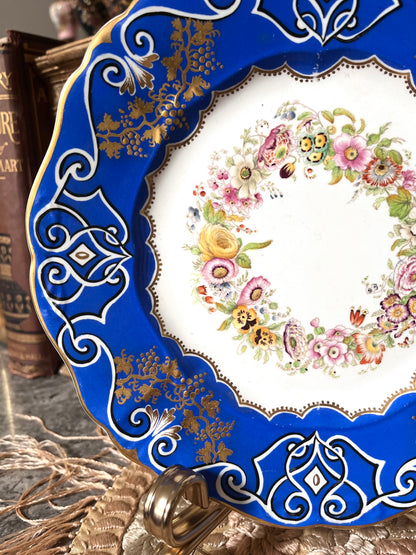 Absolutely Gorgeous Antique English Floral Cobalt Hand Painted Plate