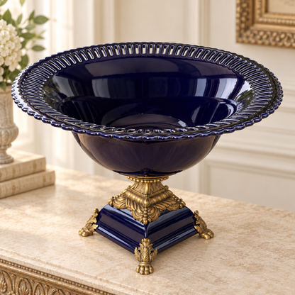 Large Royal Blue Porcelain & Bronze Compote | Pierced Rim | Classical Pedestal Base |