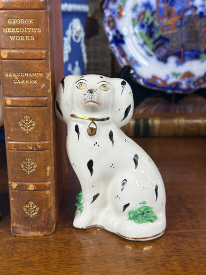 Pair of Kent Staffordshire Ware Dalmatian Dog Figures | Black, White, Green & Gilt | Mid-20th Century | 4.5” H × 3” W × 2” D Each