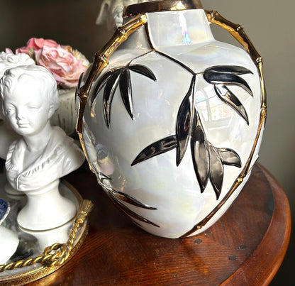 Extremely chic Italian designer Alessi vintage metallic faux bamboo gold and silver detailing on opal irredecent white vase