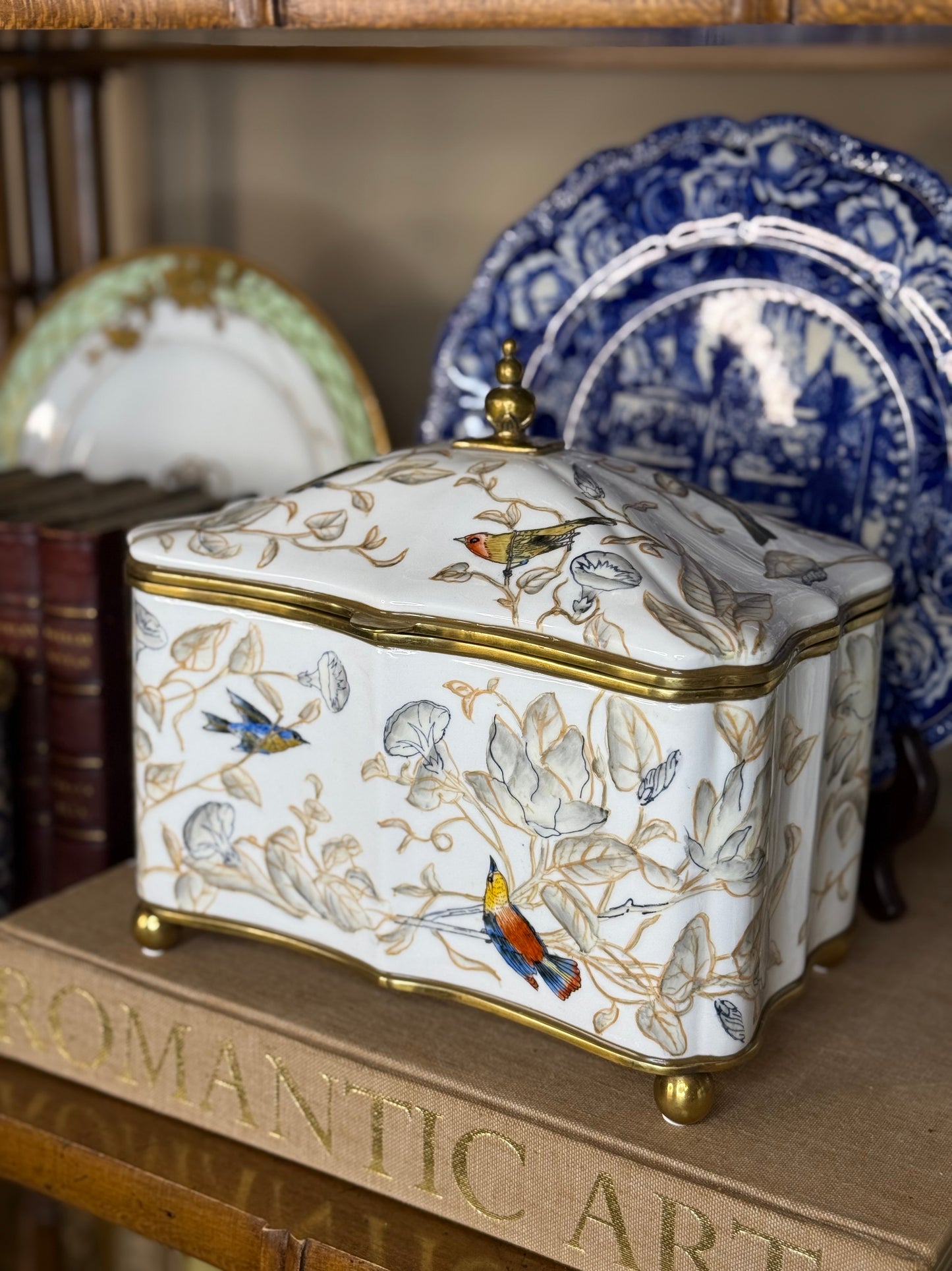 Danny’s Fine Porcelain | 9” Hinged Porcelain Box with Bronze Accents – Hand-Painted Birds & Vines