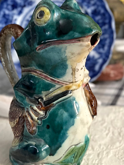 Older HTF Textured English Victorian Majolica Frog & Snake Pitcher, circa 1870 Repairs - Priced accordingly