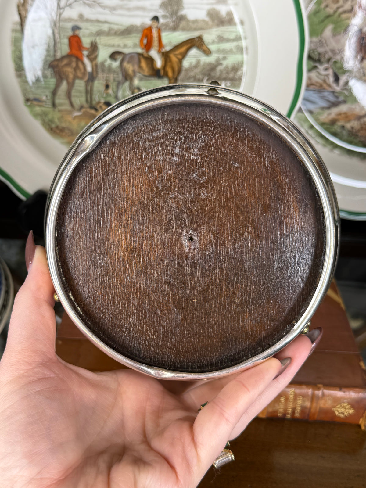 RESERVED - CGHOLL - Antique English Oak & EPNS Silver Plate Pedestal Trophy Bowl with Twin Handles & AB Monogram, c.1900, 14” W x 9” D x 6” H