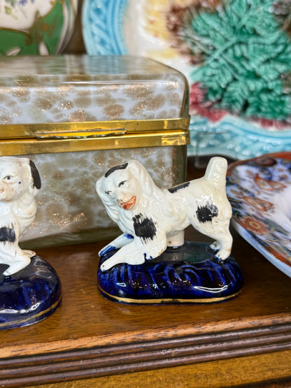 Antique Staffordshire Black & White Spaniel Dogs | Pair on Blue Cushions | Victorian English Pottery | 19th Century | DA4530
