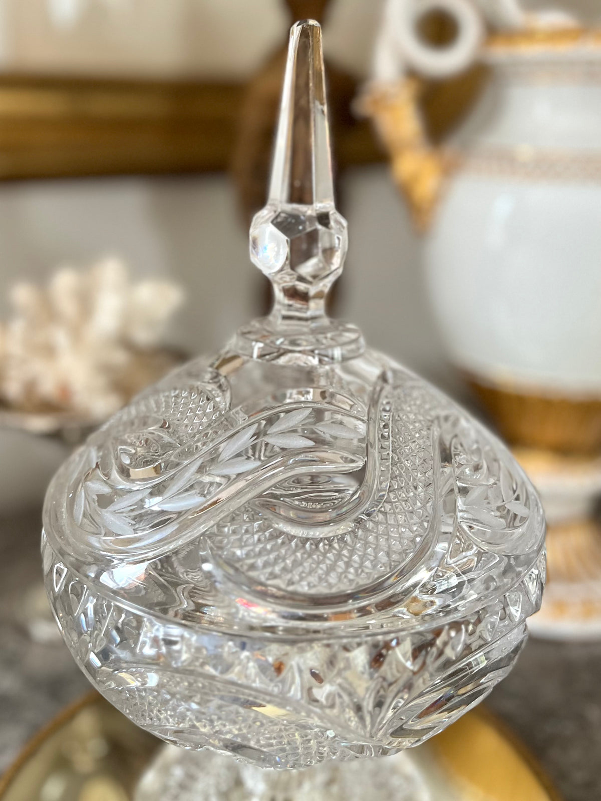 Beautifully Cut Crystal Covered Pedestal Compote with Spire Finial | 13 1/2”