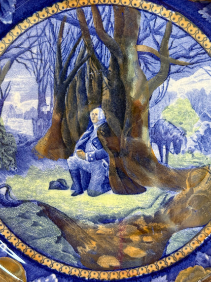Historical Pottery Staffordshire “Washington’s Prayer at Valley Forge” Blue Transferware & Copper Luster Plate 10.25”