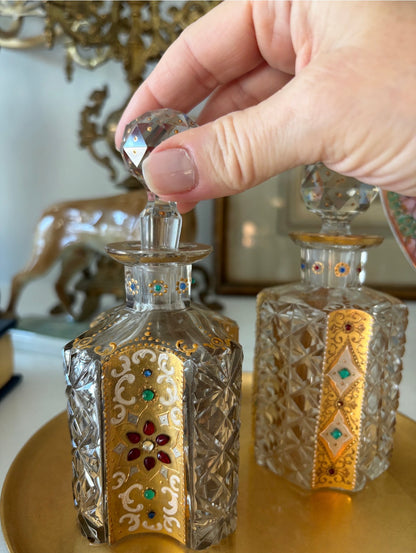 Bohemian Cut Glass Perfume Bottles with Gilt Enameling & Jeweled Cabochons (Sold Individually or as Pair)