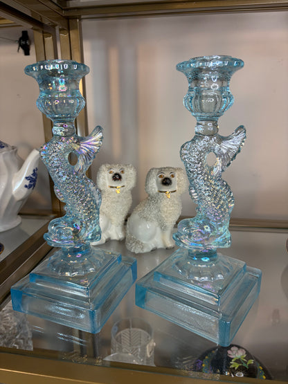 Stunning koi blue iridescent candleholders pair!