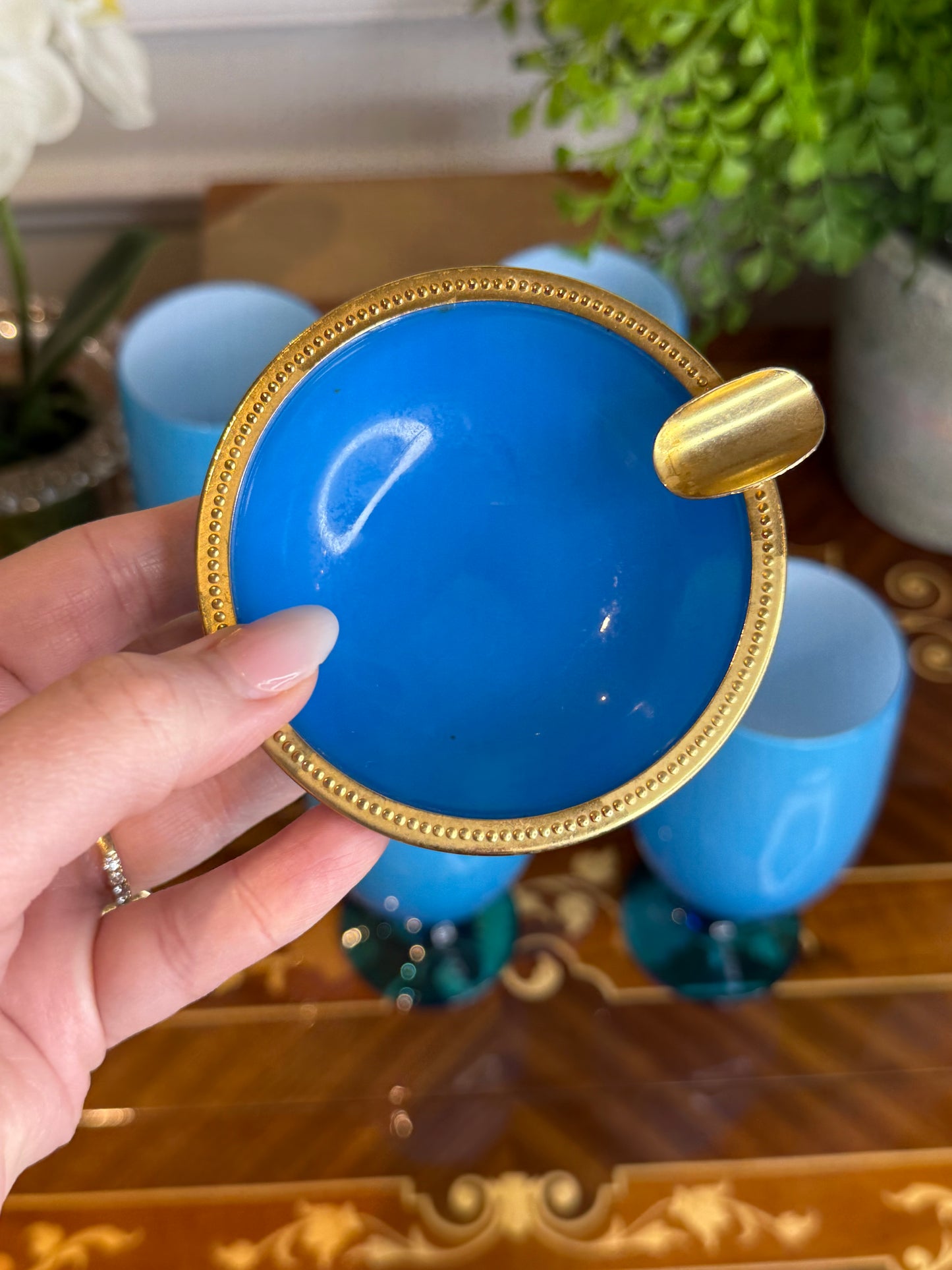 Vintage Blue Opaline Glass Ashtray with Brass Gallery Rim | 3.5”