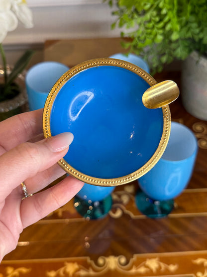 Vintage Blue Opaline Glass Ashtray with Brass Gallery Rim | 3.5”