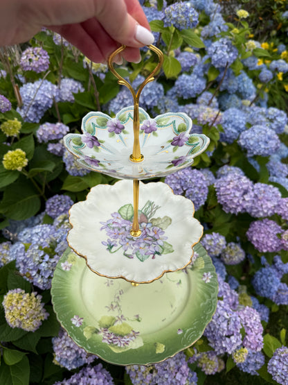 RESERVED - THERESA- Vintage Green Hydrangea 3 Tier Plate Stand