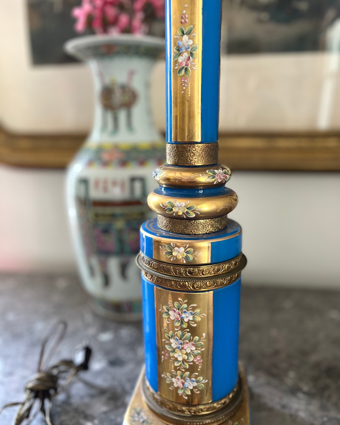 French Opaline & Bronze Column Lamp | Hand-Painted Enamel Florals Circa 1890-1920