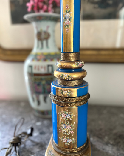 French Opaline & Bronze Column Lamp | Hand-Painted Enamel Florals Circa 1890-1920