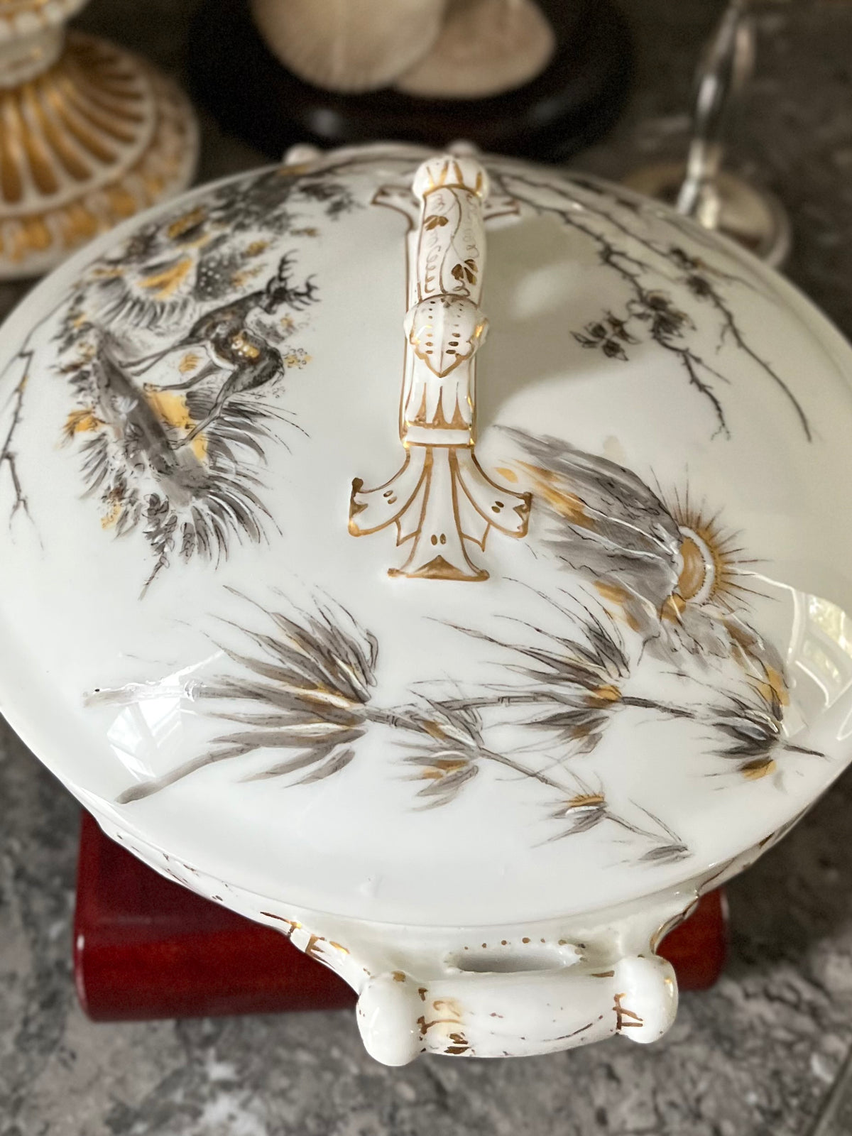 Live 09/22 Exceptional 19th C Haviland Limoges Hand-Painted Pastoral & Game Covered Vegetable Dish