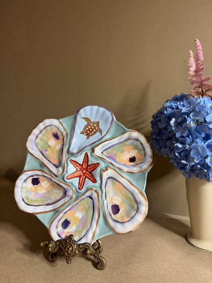 Hand painted 9.5” oyster plate