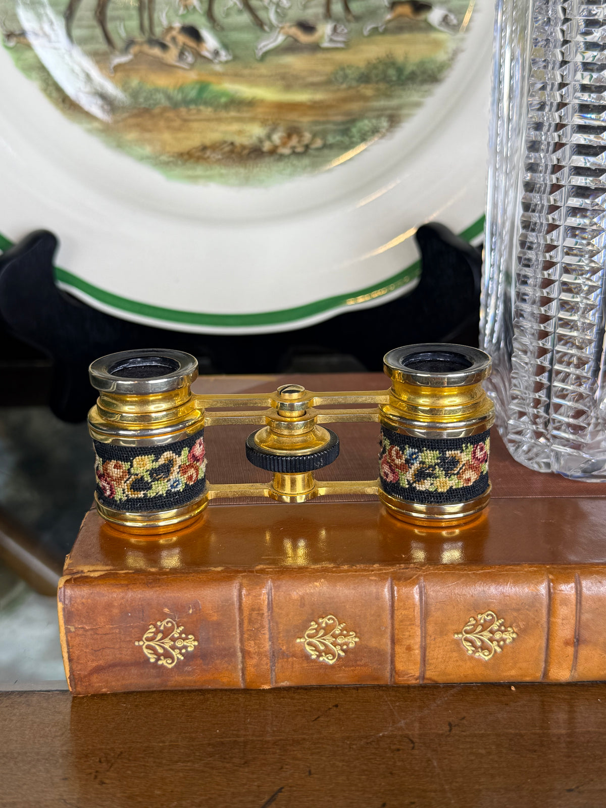 RESERVED - MOLLIE- Vintage French Petit-Point Opera Glasses, Floral Needlepoint & Gilt Metal Theater Binoculars, c.1930–1950, 3.5” W x 1.25” H