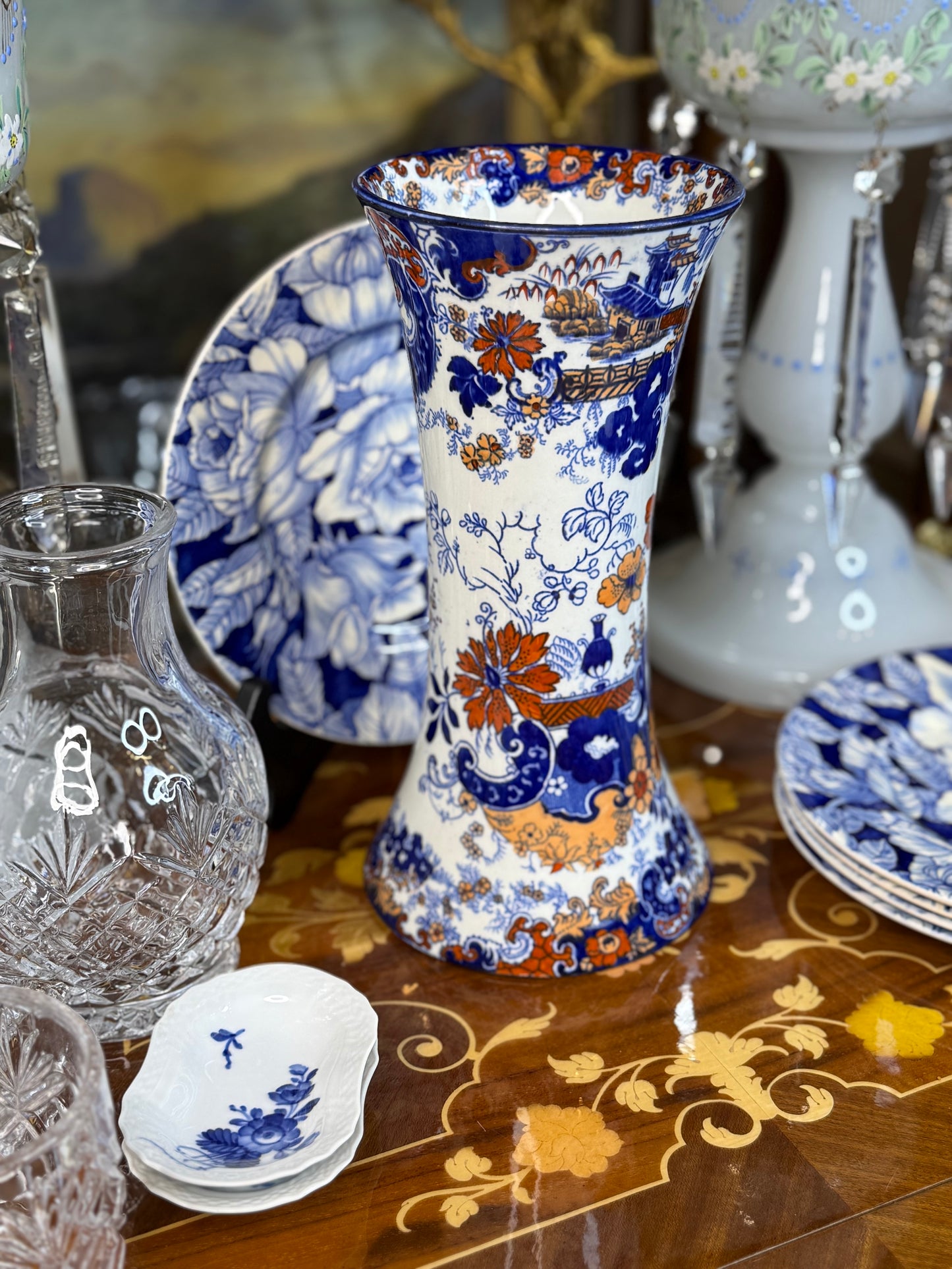 Antique English Imari-Style Vase | Blue, Rust & White Transferware | 10” Tall