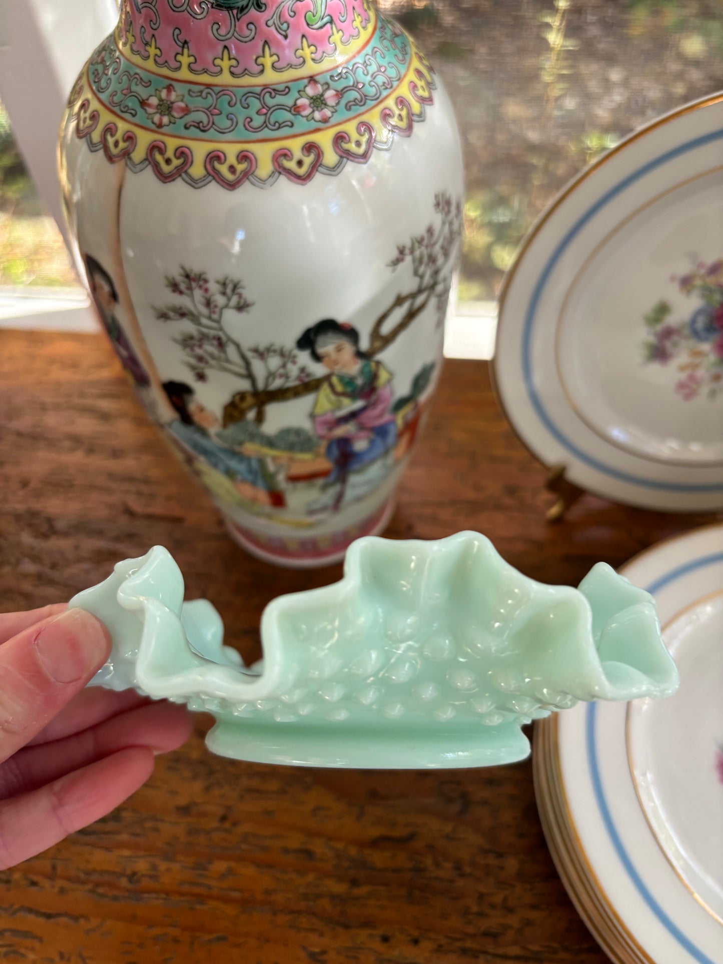 Beautiful Fenton Teal hobnob trinket dish!