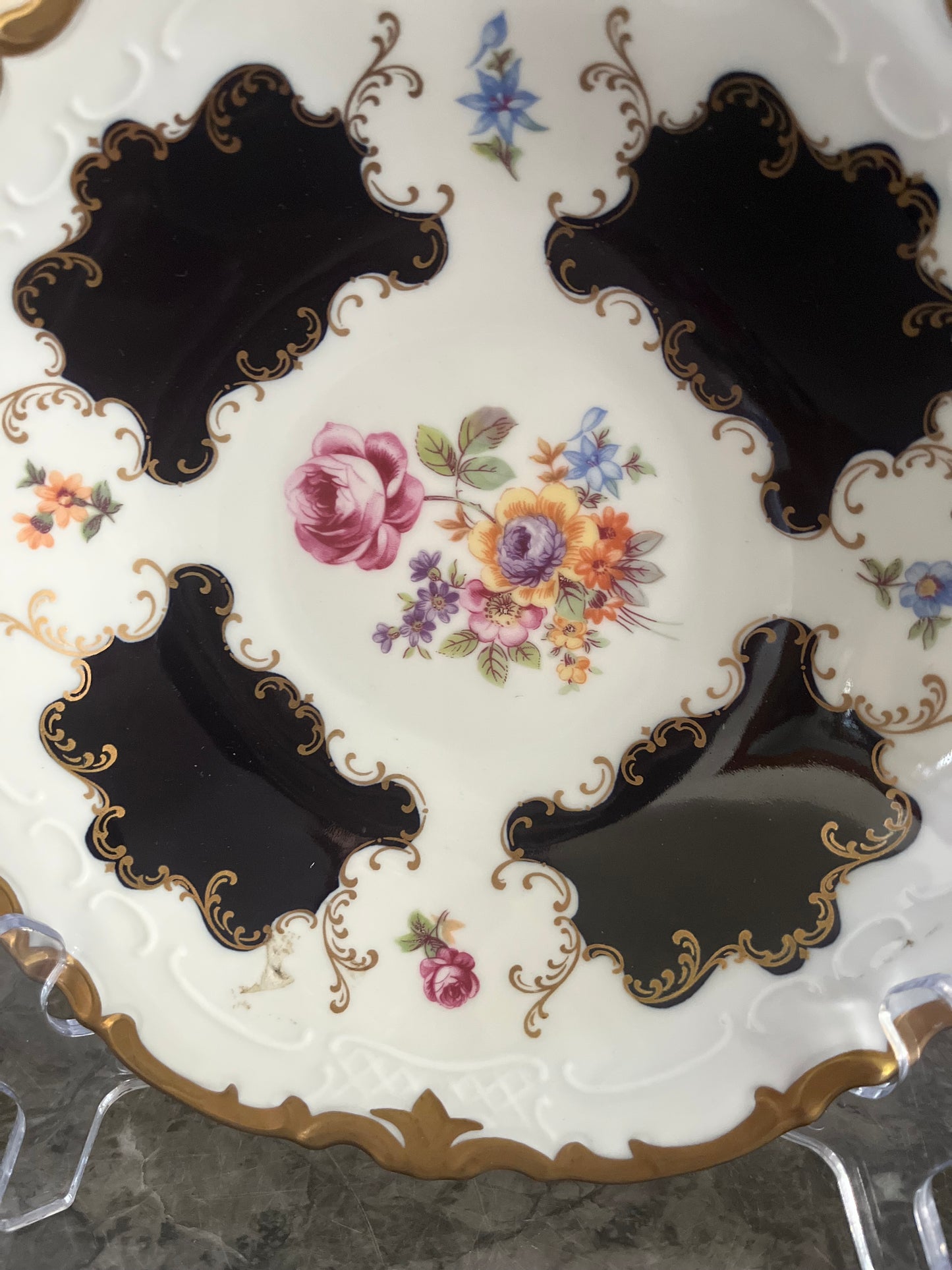 Elegant Rosenthal Echt-Kobalt Pierced Handle Dessert Dish | Cobalt & Gold Floral Porcelain | West Germany