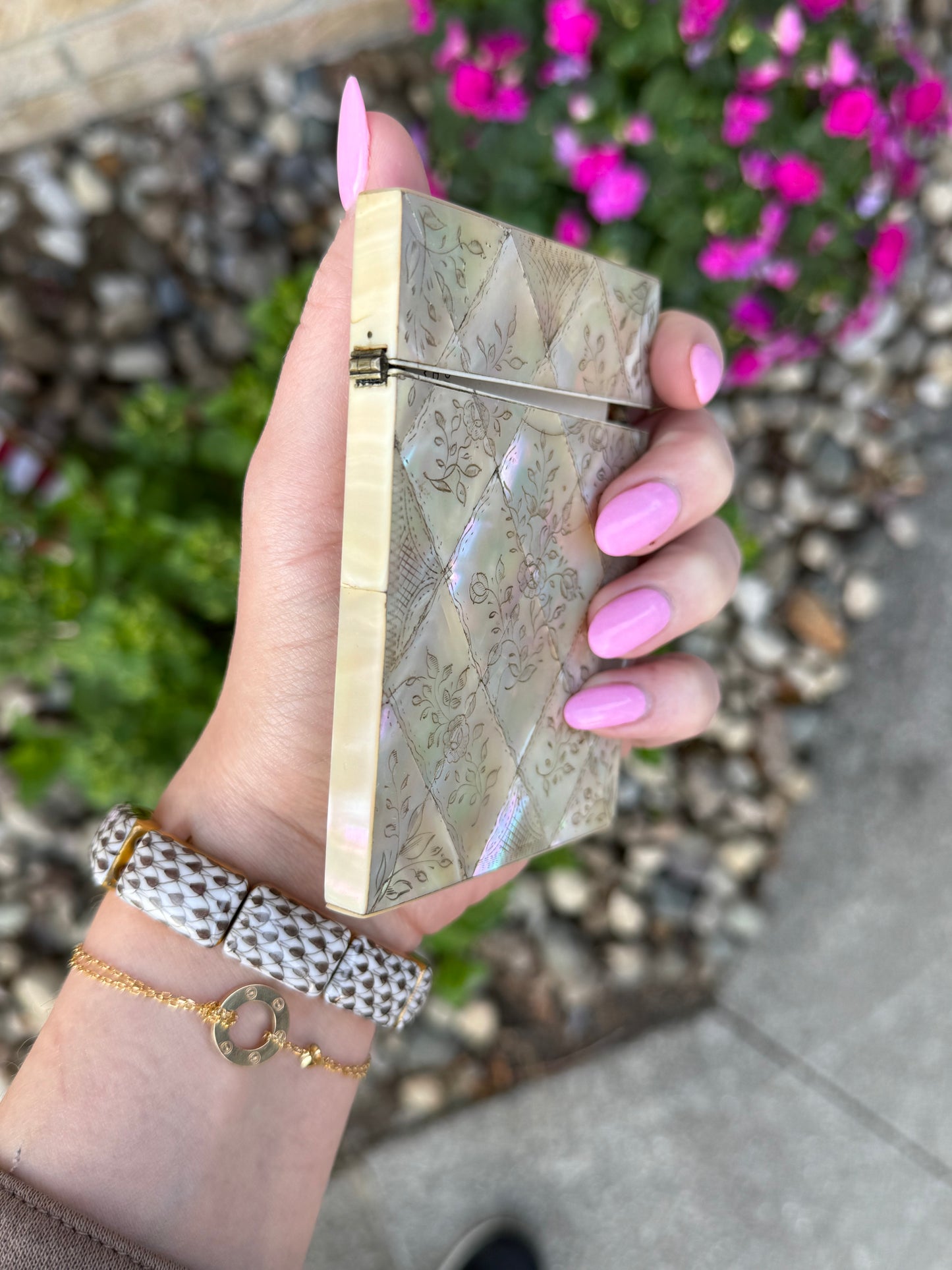 Style B | Antique Mother-of-Pearl Calling Card Case with Bird & Floral Carving | 4" x 3" |