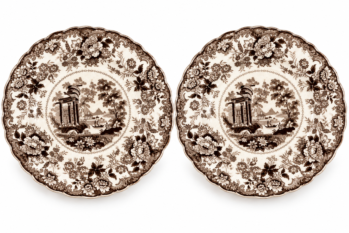 Pair Antique English Corinthian Brown Transferware Pearlware Plates, c. 1830s–1840s