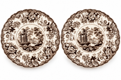 Pair Antique English Corinthian Brown Transferware Pearlware Plates, c. 1830s–1840s