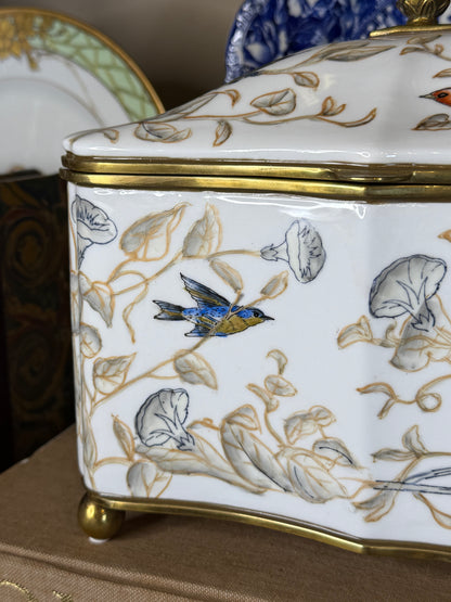 Danny’s Fine Porcelain | 9” Hinged Porcelain Box with Bronze Accents – Hand-Painted Birds & Vines