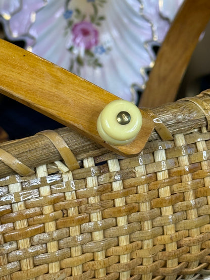 Vintage Nantucket-Style Woven Cane Basket with Double Bentwood Handles | Mid-Century