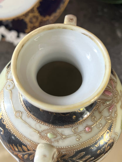 Live 06/22 Early Noritake Moriage Scenic Two-Handled Pedestal Vase | Black Ground & Raised Gilding  Old Backstamp