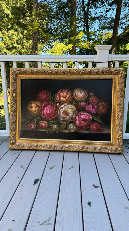 Large Peony Oil Painting in Ornate Gold Frame 44 x 36