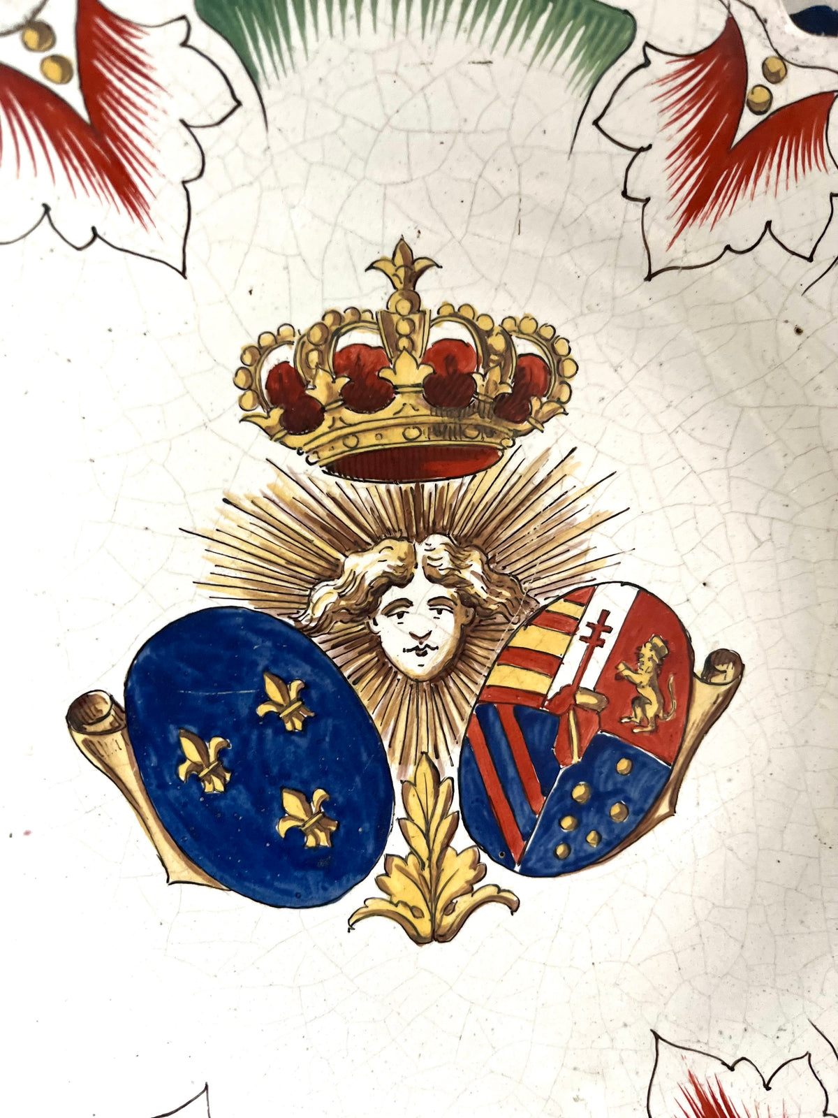 Live 09/29 Antique French Faience Royal Armorial Plate, Sun King & Alliance Arms of France and Austria, c. 1880–1920