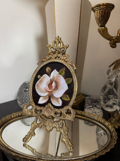 White orchid riginal oil painting in bronze antique frame