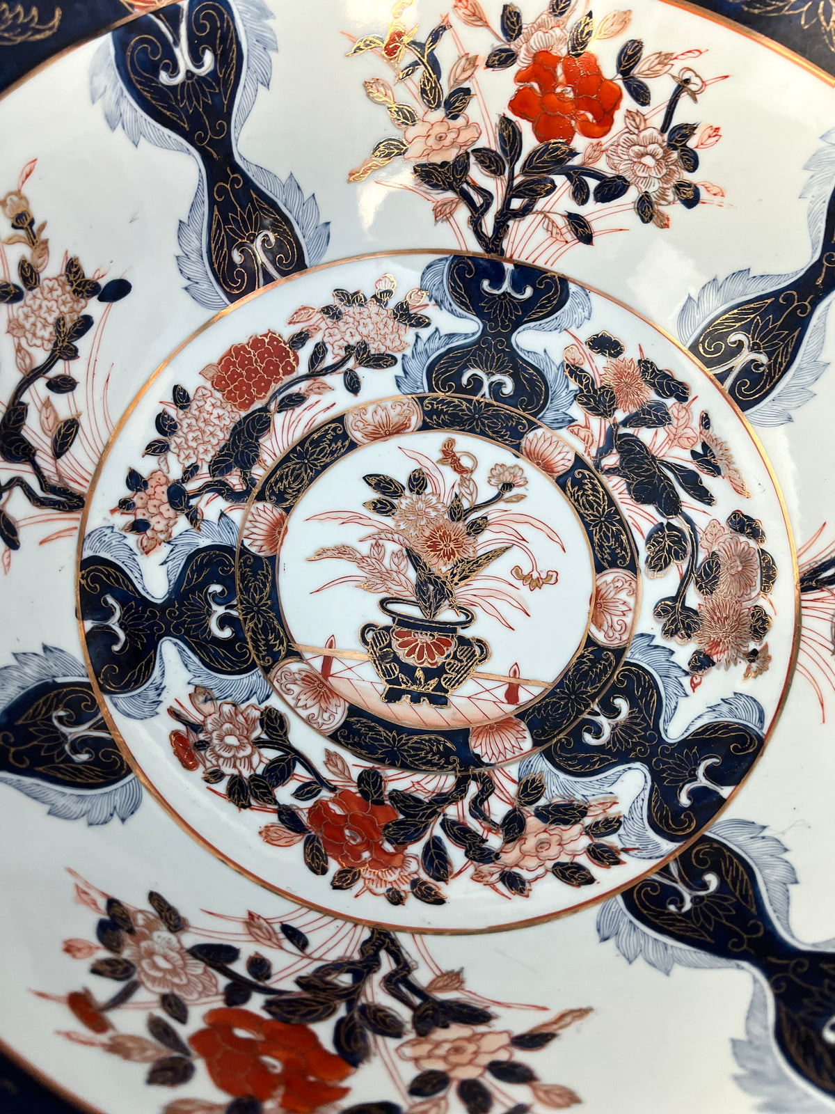 Large Imari Hand Painted Punch Bowl With Ornate Wood Stand