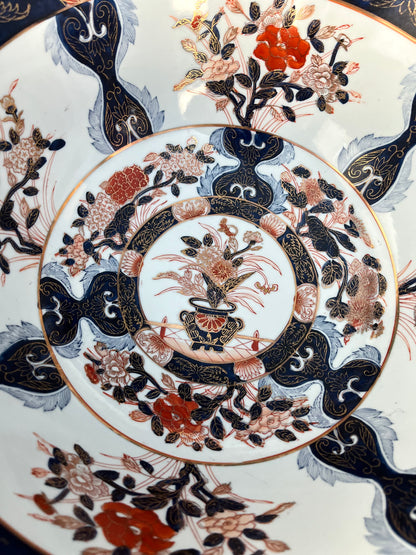 Large Imari Hand Painted Punch Bowl With Ornate Wood Stand