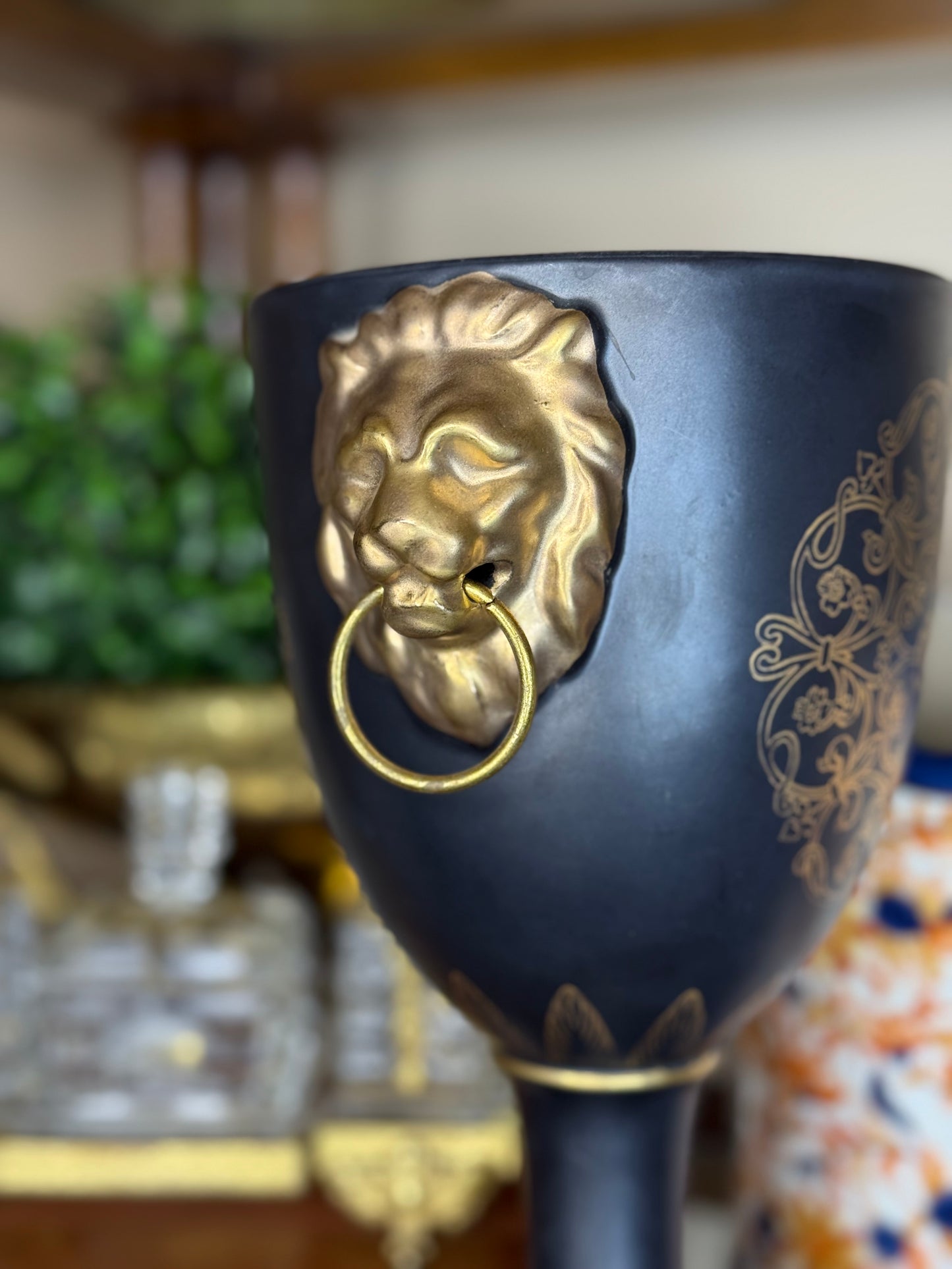Vintage Black & Gold Trophy Vase with Lion Head Handles, 10” Tall