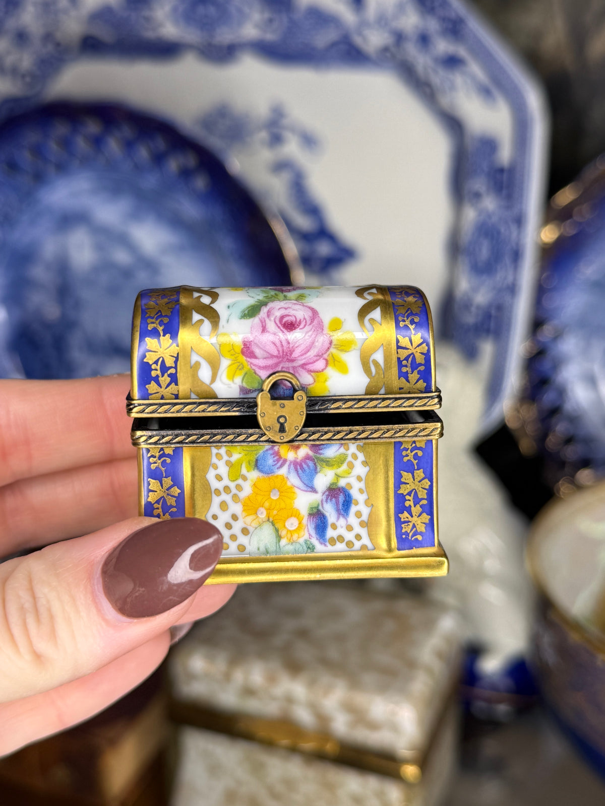 Vintage Limoges France Hand-Painted Porcelain Perfume Chest with 3 Cobalt Glass Bottles